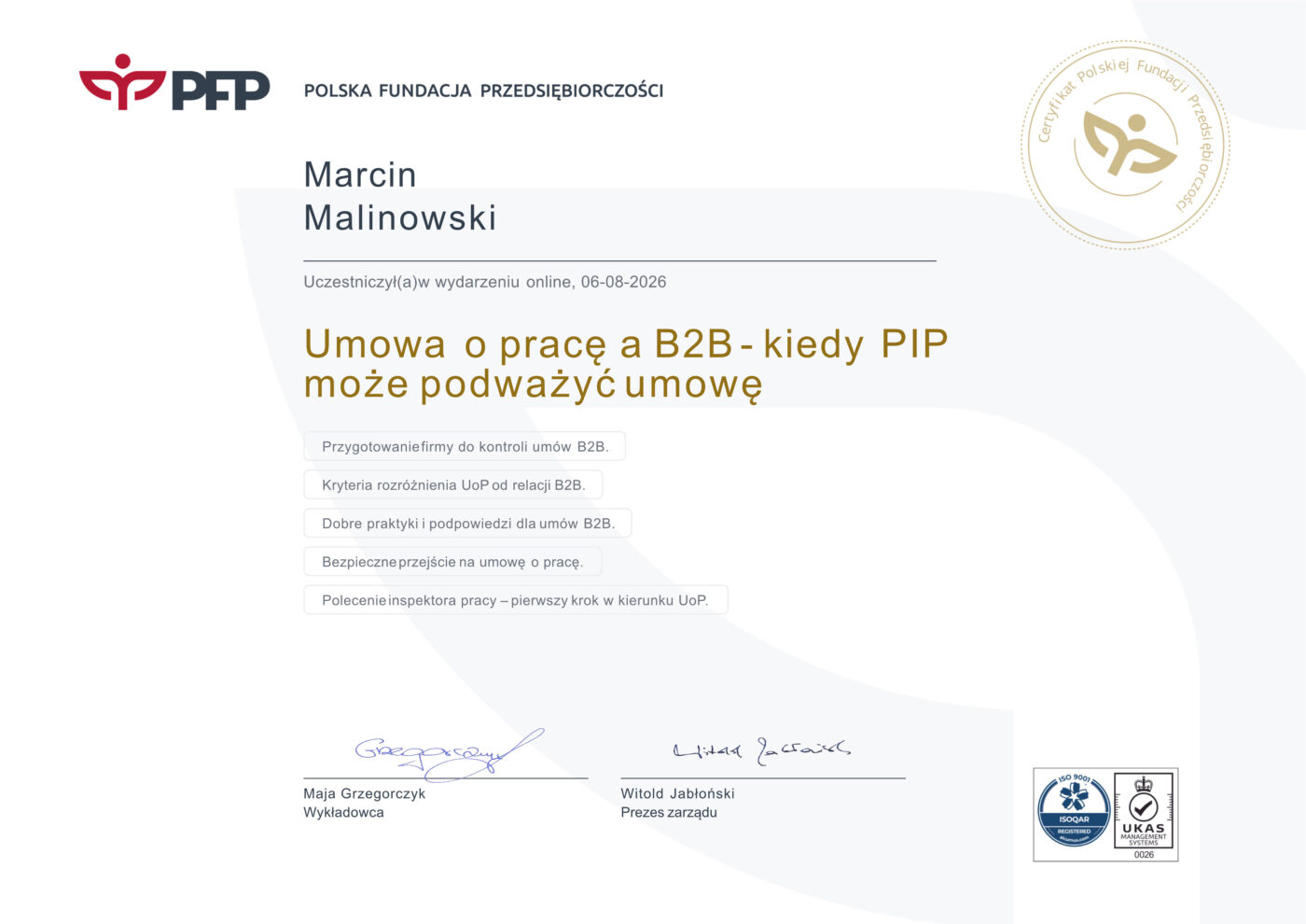 Marcin Malinowski - umowa o pracę a B2B - kiedy PIP może podważyć umowę?