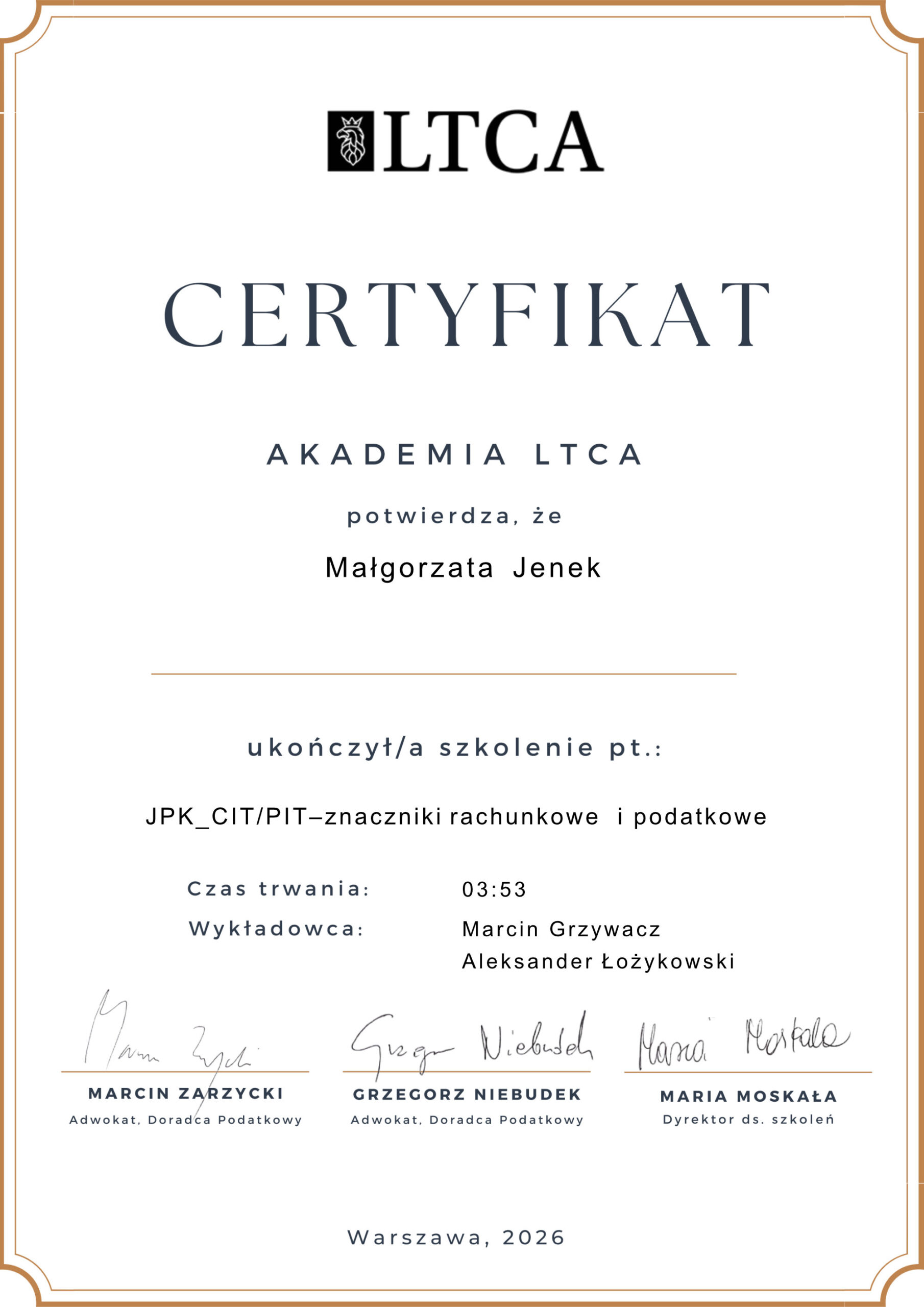 Certyfikat: JPK_CIT/PIT - znaczniki rachunkowe i podatkowe