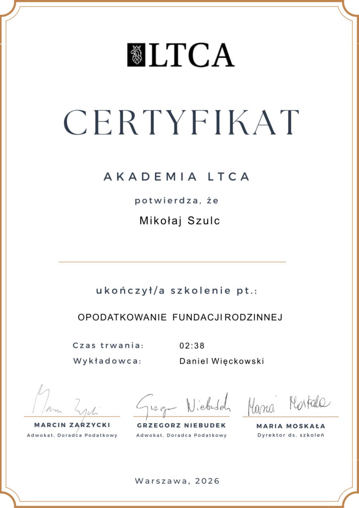 Certyfikat Opodatkowanie fundacji rodzinnej